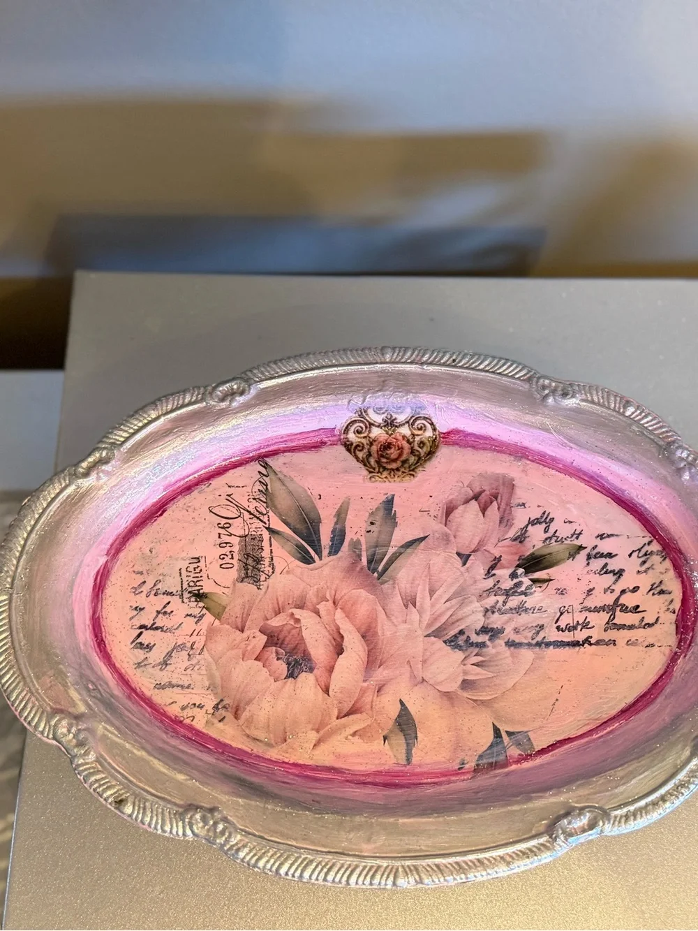 Pink Floral Oval Decorative Tray with Silver Border